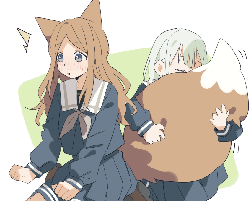 2girls animal_ears bang_dream! bang_dream!_it&#039;s_mygo!!!!! blue_eyes blue_shirt blue_skirt blush brown_hair closed_eyes coldcat. fox_ears fox_girl fox_tail green_hair grey_neckerchief highres hugging_tail kemonomimi_mode long_hair long_sleeves multiple_girls nagasaki_soyo neckerchief open_mouth pleated_skirt school_uniform shirt sidelocks skirt sweatdrop tail tsukinomori_school_uniform wakaba_mutsumi