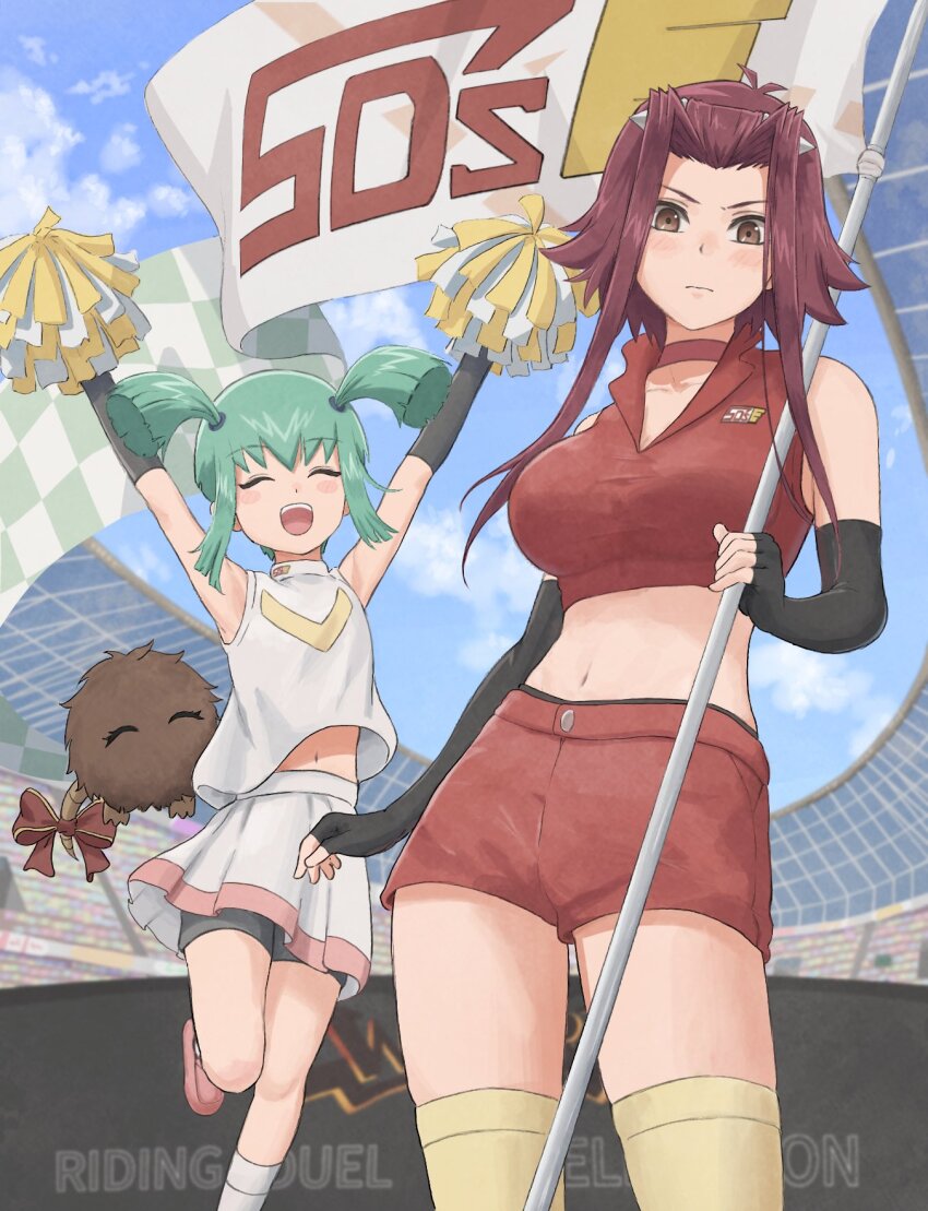 2girls ame_wa bare_shoulders black_gloves black_shorts breasts brown_eyes cropped_shirt duel_monster fingerless_gloves gloves green_hair highres izayoi_aki kuribon large_breasts luca_(yu-gi-oh!) medium_hair multiple_girls navel pom_pom_(cheerleading) race_queen red_hair red_shirt red_shorts shirt short_shorts shorts skirt sleeveless sleeveless_shirt standing white_shirt white_skirt yu-gi-oh! yu-gi-oh!_5d&#039;s