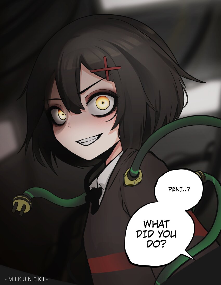 1girl absurdres artist_name black_hair black_necktie blurry blurry_background collared_shirt english_text hair_ornament highres marvel mikuneki necktie parted_lips peni_parker plug shadow shirt short_hair solo speech_bubble spider-man:_into_the_spider-verse spider-man_(series) spider-verse teeth upper_body white_shirt x_hair_ornament yellow_eyes