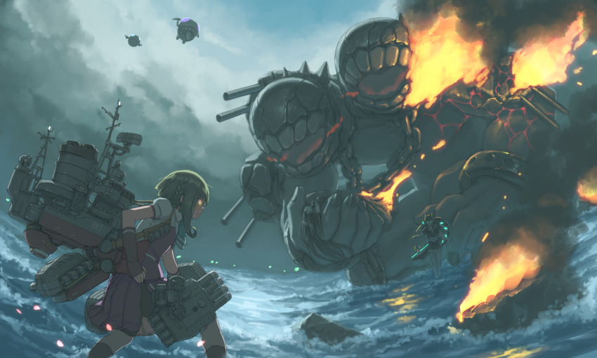 3girls abyssal_ship abyssal_stranded_landing_princess aqua_bow aqua_bowtie battleship_water_oni black_socks blue_eyes bow bowtie brown_gloves collared_shirt colored_skin enemy_aircraft_(kancolle) fingerless_gloves gloves glowing glowing_eyes green_hair hayashi_naoharu highres horns kantai_collection kneehighs machinery multiple_girls ocean open_mouth outdoors pleated_skirt purple_skirt purple_vest rigging ship_turret shirt short_hair short_sleeves skirt smokestack socks takanami_(kancolle) takanami_kai_ni_(kancolle) torpedo torpedo_launcher torpedo_tubes vest water white_shirt white_skin yellow_eyes