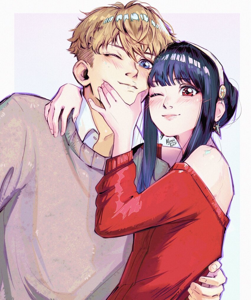 1boy 1girl black_hair blonde_hair blush breasts dress earrings gold_earrings hairband hetero highres husband_and_wife jewelry kuroiitulip long_hair long_sleeves red_eyes red_sweater shirt short_hair sidelocks smile spy_x_family sweater twilight_(spy_x_family) white_hairband yor_briar