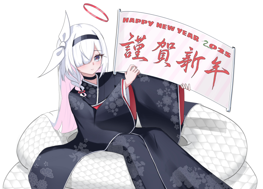 1girl 2025 alternate_costume black_choker black_hairband black_kimono blue_archive blunt_bangs blush bow braid chinese_zodiac choker closed_mouth colored_inner_hair commentary_request dated dere_mono_j eyelashes feet_out_of_frame floral_print floral_print_kimono furisode grey_eyes hair_bow hair_over_one_eye hair_spread_out hairband halo hands_up happy_new_year highres holding holding_sign japanese_clothes kimono long_bangs long_hair long_sleeves looking_at_viewer multicolored_hair new_year one_eye_covered pink_hair plana_(blue_archive) print_kimono red_halo red_pupils sign simple_background single_braid sitting smile snake solo straight_hair very_long_hair white_background white_bow white_hair white_snake wide_sleeves year_of_the_snake