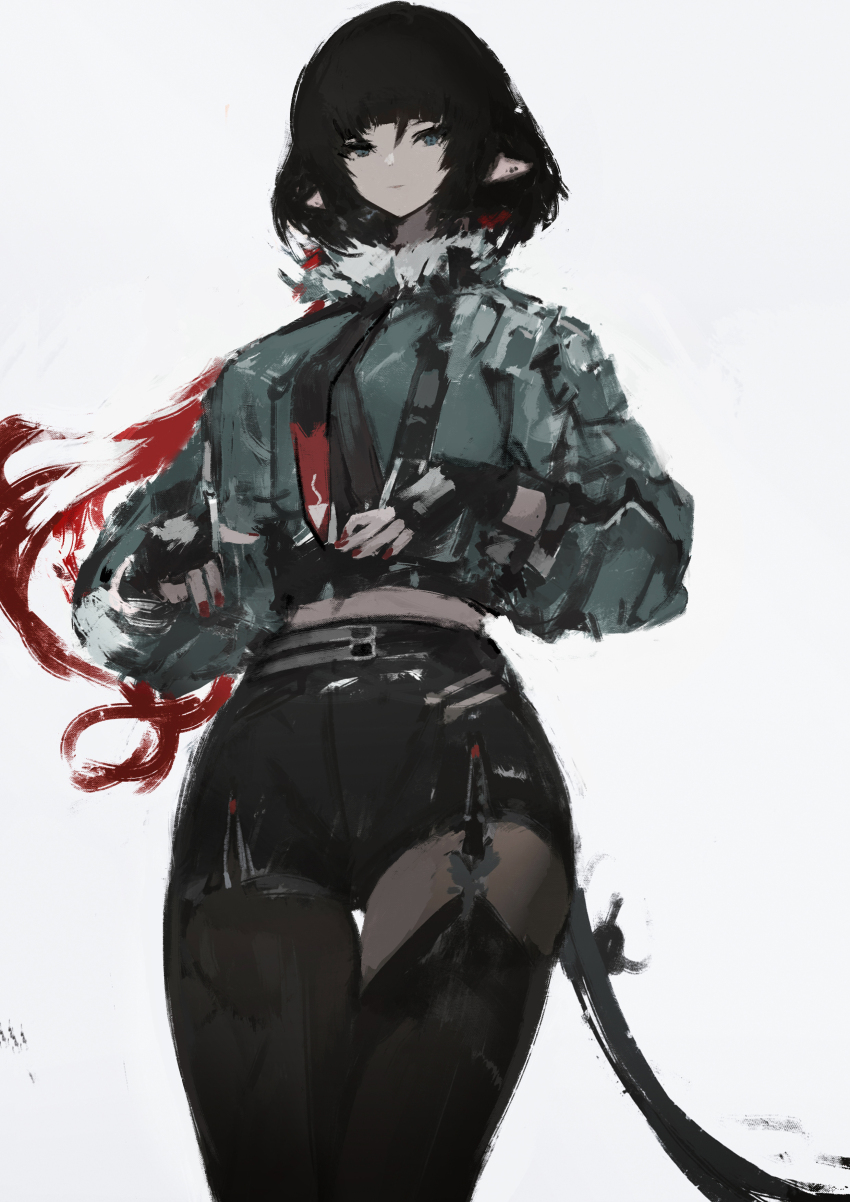 1girl absurdres animal_ears black_gloves black_hair black_pantyhose black_shorts black_thighhighs blunt_bangs closed_mouth cowboy_shot fingerless_gloves fur-trimmed_jacket fur_trim gloves green_jacket grey_background high-waist_shorts highres jacket jane_doe_(zenless_zone_zero) long_hair mouse_ears mouse_girl multicolored_hair nail_polish pantyhose red_hair red_nails shorts sidelocks simple_background single_leg_pantyhose single_thighhigh solo thighhighs tuda6 two-tone_hair zenless_zone_zero