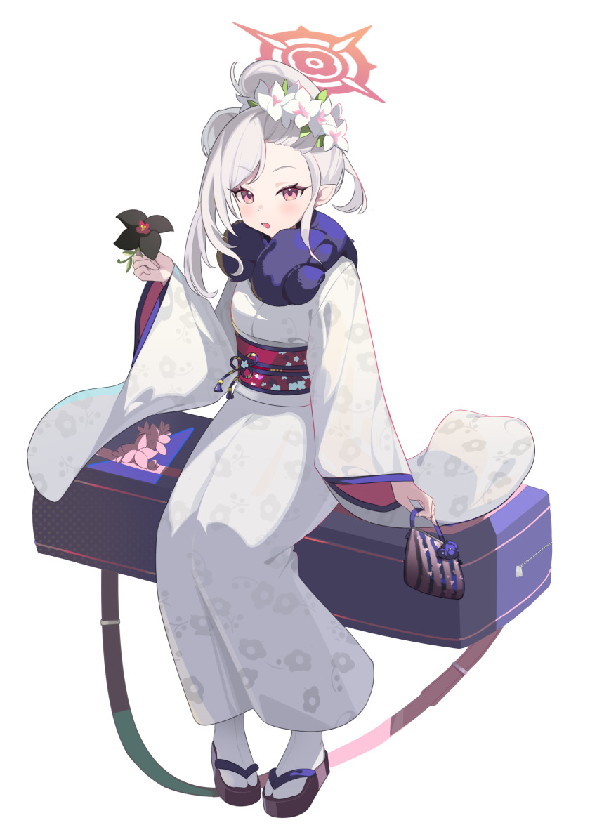1girl absurdres bag black_flower blue_archive e_li_(77864296) floral_print floral_print_kimono floral_print_sash flower fur_collar hair_bun hair_flower hair_ornament halo handbag highres holding holding_bag holding_flower japanese_clothes kimono long_hair mutsuki_(blue_archive) mutsuki_(new_year)_(blue_archive) obi official_alternate_costume official_alternate_hairstyle open_mouth pink_eyes pointy_ears print_kimono red_halo red_sash sandals sash simple_background single_hair_bun sitting solo tabi tassel white_background white_flower white_hair white_kimono wide_sleeves zouri