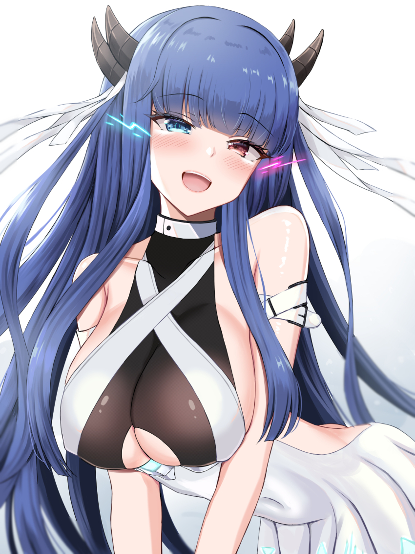 1girl azur_lane bent_over blue_eyes blue_hair blunt_bangs blush breasts clothing_cutout commentary_request covered_navel dress habu_rin heterochromia highres horns ibuki_(azur_lane) large_breasts long_hair looking_at_viewer open_mouth pink_eyes sleeveless sleeveless_dress solo underboob_cutout