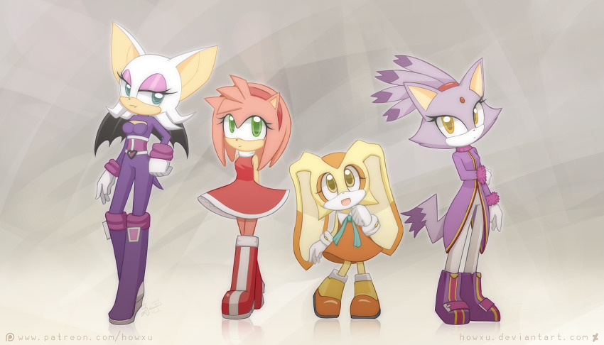 4girls amy_rose animal_ears arms_behind_back bat_ears bat_girl bat_wings blaze_the_cat blaze_the_cat_(winter_sports) blue_ribbon bodysuit brown_eyes cat_ears cat_girl cat_tail cream_the_rabbit dress eyelashes forehead_jewel fur-trimmed_gloves fur_trim furry furry_female gloves green_eyes hedgehog_girl highres howxu looking_at_viewer mario_&amp;_sonic_(series) mario_&amp;_sonic_at_the_olympic_winter_games multiple_girls orange_dress pants pink_fur ponytail purple_fur rabbit_ears rabbit_girl red_dress red_footwear ribbon rouge_the_bat rouge_the_bat_(heroes) sonic_(series) tail white_fur white_gloves white_pants wings yellow_eyes