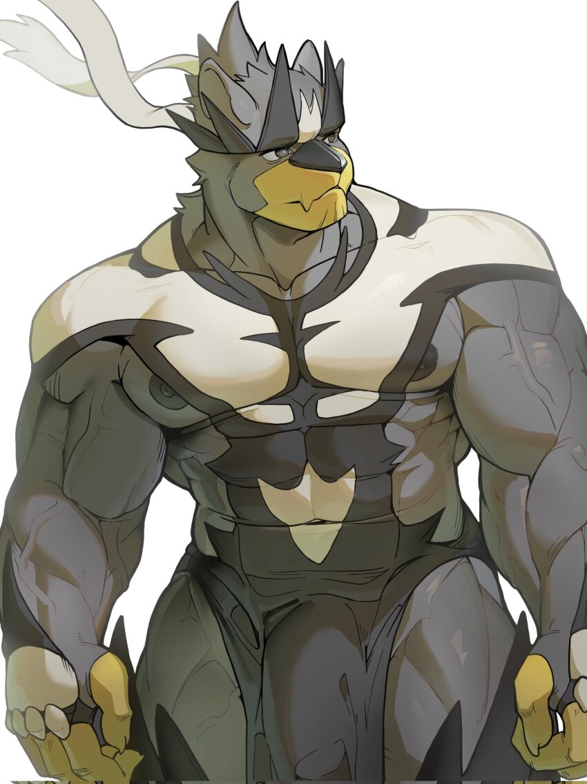 1boy bara collarbone commentary covered_abs covered_navel covered_penis furry furry_male gen_8_pokemon grey_eyes highres large_pectorals legendary_pokemon looking_to_the_side male_focus me-me_(mouact2) muscular muscular_male nintendo nipple_slip nipples pectorals pokemon simple_background solo urshifu urshifu_(single) veins veiny_arms white_background