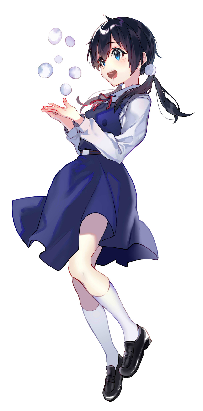 1girl absurdres black_hair black_shoes blue_dress blue_eyes bubble collared_shirt dress dress_shirt full_body hair_bobbles hair_ornament highres kitashirakawa_tamako loafers long_hair low_twintails mole mole_on_neck pinafore_dress school_uniform shirt shoes sleeveless sleeveless_dress socks solo tamako_market tsukudani_(ore624) twintails white_shirt white_socks