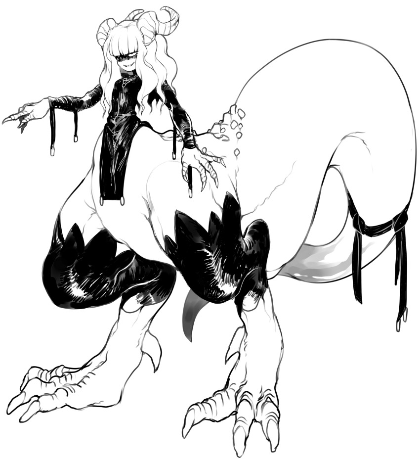 1boy blunt_bangs claws creepy creepy_smile demi_(dizzyspells) dizzyspells dragon_boy dragon_horns dragon_tail eyepatch feminine fingernails full_body hair_over_shoulder highres horns long_hair long_sleeves looking_ahead male_focus monster_boy original parted_lips pelvic_curtain ribbon shaded_face shadow sharp_fingernails sharp_toenails simple_background smile solo standing symbol tail tail_ornament tail_ribbon taur toenails triangle_print white_background