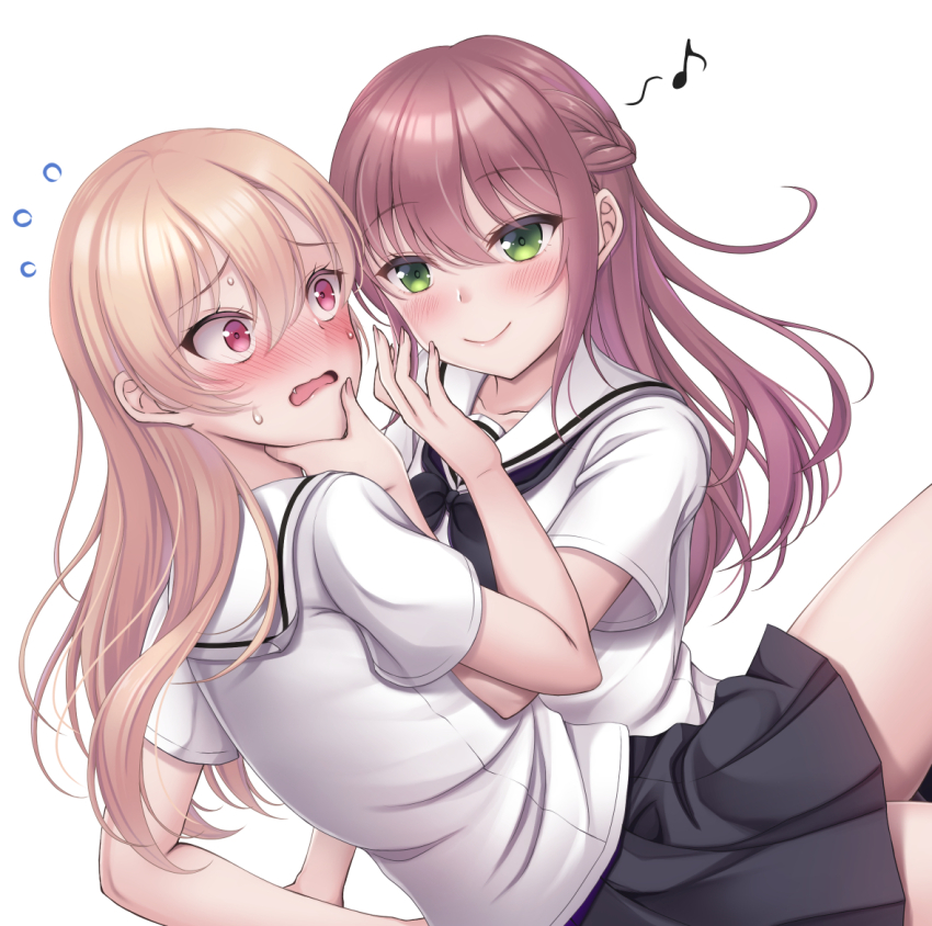 2girls black_skirt blonde_hair blush brown_hair fang flying_sweatdrops green_eyes hand_on_another&#039;s_chin hiro_(725611) hiyama_yurina kimura_honoka long_hair looking_at_another multiple_girls musical_note nervous parted_lips pink_eyes pleated_skirt school_uniform serafuku shoujo_manga_shujinkou_x_rival-san skirt smile sweatdrop white_serafuku yuri