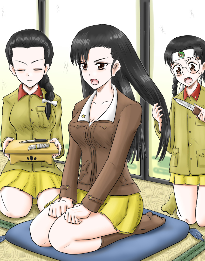 3girls asymmetrical_bangs black_hair braid braided_ponytail brown_eyes brown_jacket brown_socks chi-hatan_(emblem) chi-hatan_military_uniform closed_eyes closed_mouth commentary cushion emblem frown fukuda_haru girls_und_panzer glasses hair_over_shoulder hair_pulled_back hair_ribbon hands_on_lap harukai-i headband highres holding holding_knife holding_tray indoors jacket kneeling knife long_hair long_sleeves looking_at_another looking_to_the_side low_twin_braids low_twintails military military_uniform miniskirt multiple_girls nishi_kinuyo open_mouth pleated_skirt ribbon rimless_eyewear round_eyewear seiza shouji single_braid sitting skirt sliding_doors socks star_(symbol) straight_hair sweatdrop tamada_tamaki tatami tray twin_braids twintails white_headband white_ribbon yellow_skirt yellow_socks zabuton