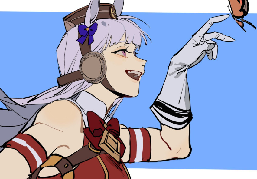 1girl akmizuk animal_ears arm_up bare_shoulders belt bicep_strap blue_background blunt_bangs bow bowtie brown_hat bug butterfly collar collared_shirt gloves gold_ship_(red_strife)_(umamusume) gold_ship_(umamusume) hair_bow happy hat horse_ears horse_girl insect long_hair looking_up multicolored_strap o-ring o-ring_belt orange_butterfly red_eyes red_shirt red_straps shirt simple_background sleeveless sleeveless_shirt smile solo strap two-tone_background umamusume white_collar white_gloves white_hair