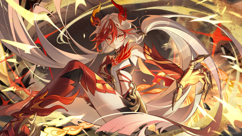 1girl absurdres animal_hands animal_legs bare_shoulders black_shorts black_sports_bra chinese_clothes claws closed_mouth detached_sleeves elbow_gloves eyeliner fire fu_hua fu_hua_(garuda) gloves hair_between_eyes highres honkai_(series) honkai_impact_3rd kongzao long_hair looking_at_viewer low-tied_long_hair low_twintails makeup multicolored_hair red_eyeliner red_eyes red_gloves red_hair red_rope red_scales red_thighhighs rope short_shorts shorts single_thighhigh sitting solo sports_bra sportswear streaked_hair symbol-shaped_pupils tail thighhighs thighs twintails two-tone_hair white_hair yellow_pupils