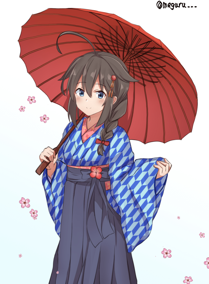 1girl ahoge bikini black_hair blue_bikini blue_eyes blue_hakama braid cherry_blossoms cowboy_shot dated female_focus floral_background hair_flaps hair_over_shoulder hakama hakama_skirt highres japanese_clothes kantai_collection long_hair looking_at_viewer meguru_(megurunn) oil-paper_umbrella red_umbrella shigure_(kancolle) shigure_kai_ni_(kancolle) simple_background single_braid skirt smile solo swimsuit twitter_username umbrella white_background yagasuri