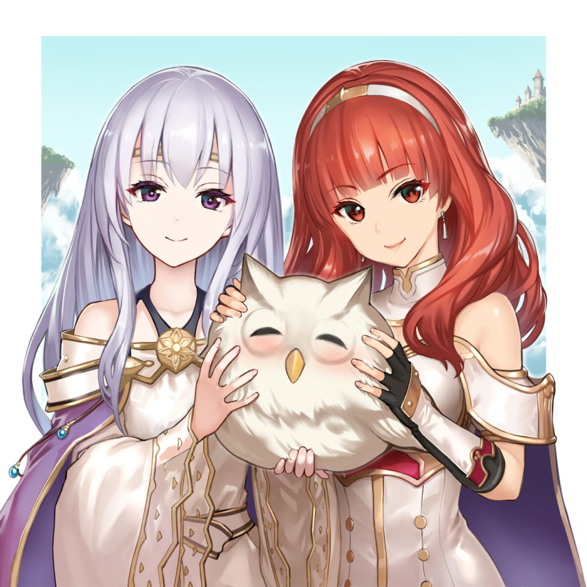 2girls arm_guards armor bare_shoulders bird black_gloves blunt_bangs breastplate cape celica_(fire_emblem) circlet commentary_request detached_collar detached_sleeves dress earrings feh_(fire_emblem_heroes) fingerless_gloves fire_emblem fire_emblem:_genealogy_of_the_holy_war fire_emblem_echoes:_shadows_of_valentia fire_emblem_heroes gloves highres hiyashiru jewelry julia_(fire_emblem) long_hair long_sleeves multiple_girls nintendo owl purple_eyes red_eyes red_hair smile tiara very_long_hair wide_sleeves