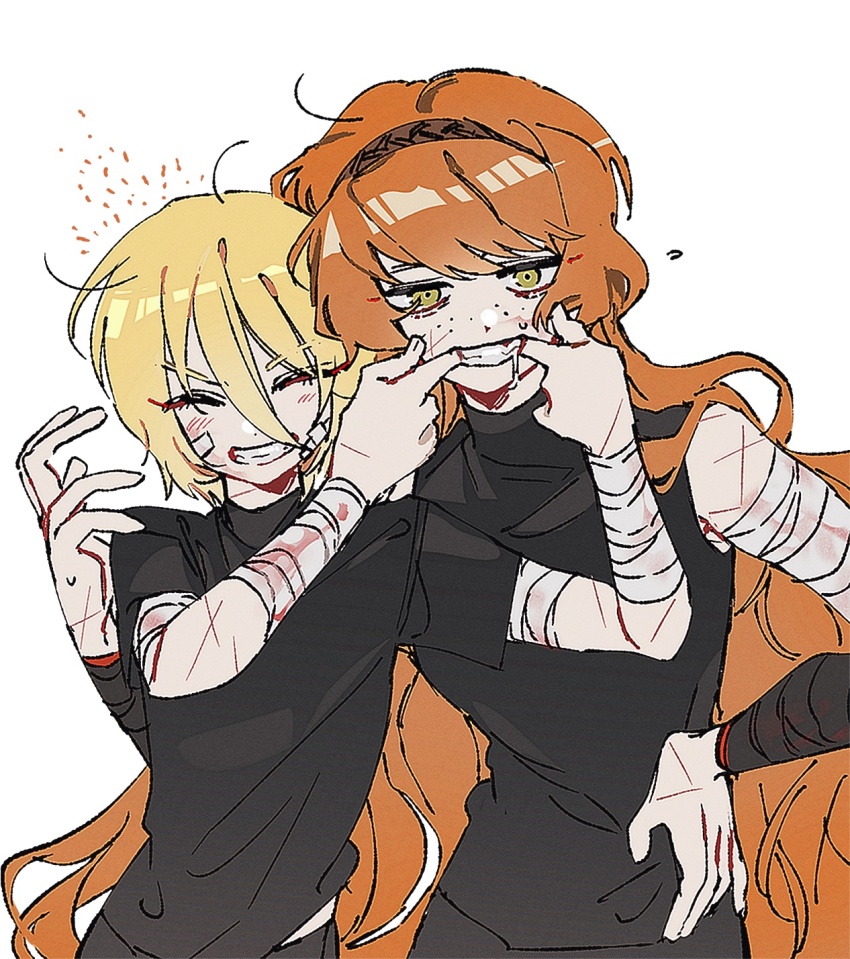 &gt;:) 2girls allsu_official bandaged_arm bandages bandaid bandaid_on_face black_shirt blonde_hair blood bloody_bandages blush closed_eyes cuts don_quixote_(project_moon) dot_nose drooling forced_smile freckles green_eyes grin hand_on_own_hip highres injury ishmael_(project_moon) limbus_company long_hair multiple_girls orange_hair project_moon shi_association_south_uniform shirt short_hair short_sleeves simple_background sleeveless_turtleneck_shirt smile sweat upper_body v-shaped_eyebrows very_long_hair white_background