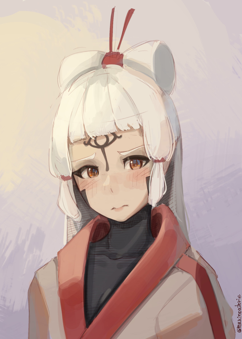 1girl blush facial_mark folded_ponytail forehead_mark highres hyrule_warriors hyrule_warriors:_age_of_calamity impa looking_at_viewer nintendo orange_eyes painterly purple_background solo sushoartworks the_legend_of_zelda the_legend_of_zelda:_breath_of_the_wild twitter_username upper_body white_hair