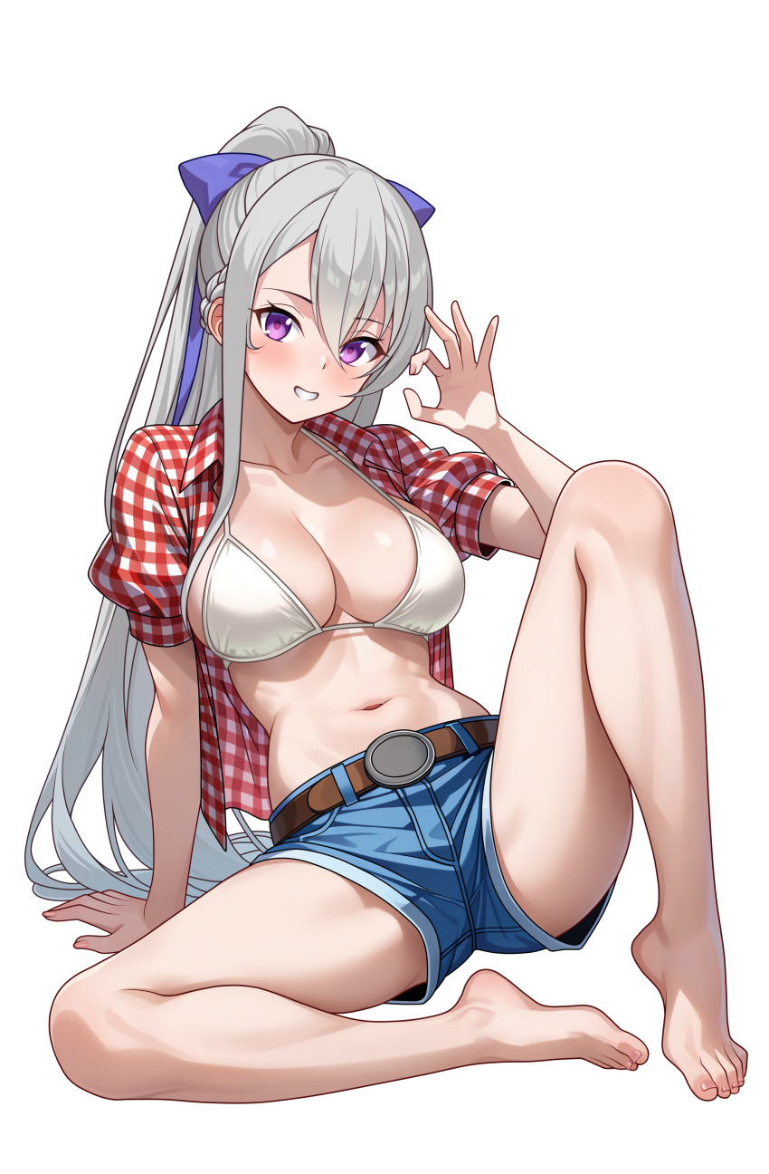1girl absurdres azur_lane barefoot belt bikini bikini_top_only blush bow breasts brown_belt casablanca_(azur_lane) hair_bow highres knee_up large_breasts long_hair looking_at_viewer navel plaid_clothes plaid_shirt ponytail purple_bow purple_eyes shirt short_shorts short_sleeves shorts simple_background sitting smile solo swimsuit vodka13 white_background white_bikini white_hair