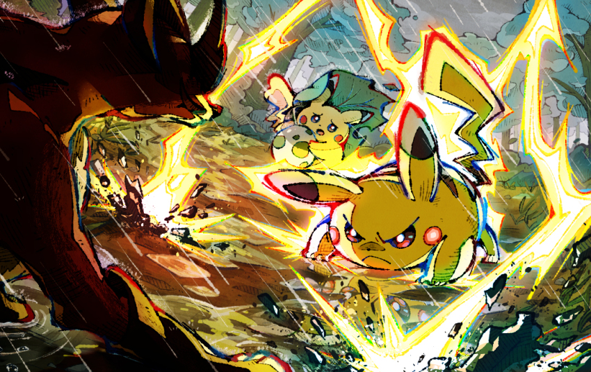 angry animal_focus commentary_request egg electricity electrokinesis fighting_stance gen_1_pokemon gen_8_pokemon imomushi_(pixiv_9001433) leaf mud nintendo no_humans outdoors pikachu pokemon pokemon_(creature) pokemon_egg puddle rain ripples scared storm thievul tree