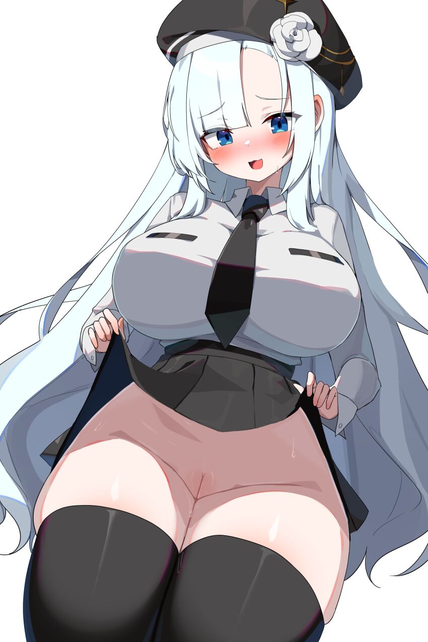1girl :3 absurdres beret black_hat black_necktie black_skirt black_thighhighs blue_eyes breasts clothes_lift collared_shirt commission flower hand_up hat hat_flower high-waist_skirt highres large_breasts lifting_own_clothes long_hair long_sleeves looking_at_viewer miniskirt necktie open_mouth original parted_bangs pleated_skirt pussy rose second-party_source shirt shirt_tucked_in simple_background skindentation skirt skirt_lift smile solo thighhighs thighs very_long_hair w.k white_background white_hair white_shirt