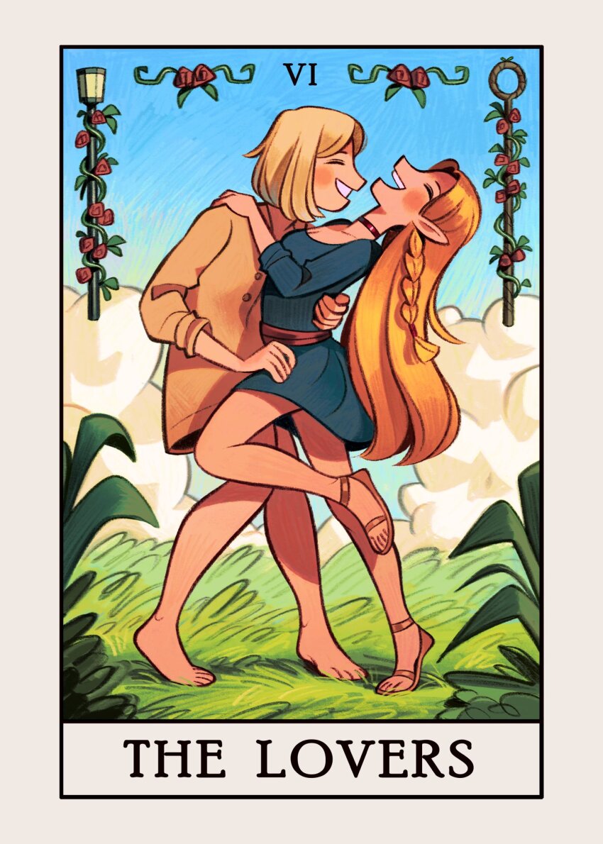 2girls barefoot blonde_hair blue_dress blue_sky braid card choker closed_eyes cloud commentary dress dungeon_meshi elf falin_touden falin_touden_(tallman) flower friedbaens full_body grass hand_on_another&#039;s_back hand_on_another&#039;s_shoulder hand_on_another&#039;s_waist highres long_hair long_sleeves marcille_donato multiple_girls open_mouth outdoors pointy_ears red_choker red_flower sandals shirt short_hair sky smile standing tarot tarot_card the_lovers_(tarot) toes yellow_shirt yuri