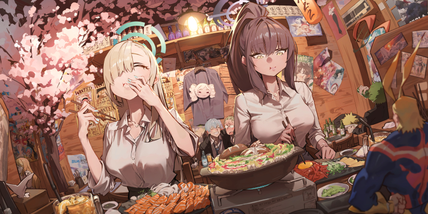:3 absurdres alcohol all_might alternate_costume anya_(spy_x_family) asuna_(blue_archive) asymmetrical_bangs bakugou_katsuki black_choker blonde_hair blue_archive blue_hair blue_halo boku_no_hero_academia bottle bowl bread breasts cameo ceiling_light chainsaw_man character_request check_character cherry_blossoms chewing choker chopsticks cloak closed_eyes collared_shirt commentary cup dark-skinned_female dark_skin drinking_glass drinking_straw dutch_angle eating egg_yolk elf face_down fisheye food frieren glasses green_hair grin hair_over_one_eye halo heiter high_ponytail highres himmel_(sousou_no_frieren) holding holding_chopsticks ice ice_cube izakaya jacket jewelry jhigf karin_(blue_archive) kitagawa_marin large_breasts light_brown_hair long_bangs long_hair loose_necktie makima_(chainsaw_man) midoriya_izuku monkey_d._luffy nami_(one_piece) necklace necktie one_eye_covered one_piece open_mouth pointy_ears ponytail portable_stove poster_(object) purple_halo restaurant revision roronoa_zoro saucer seafood shirt shirt_tucked_in sleeves_rolled_up smile sono_bisque_doll_wa_koi_wo_suru sousou_no_frieren spy_x_family sushi translation_request twintails vegetable wanted_poster white_hair white_shirt yellow_eyes