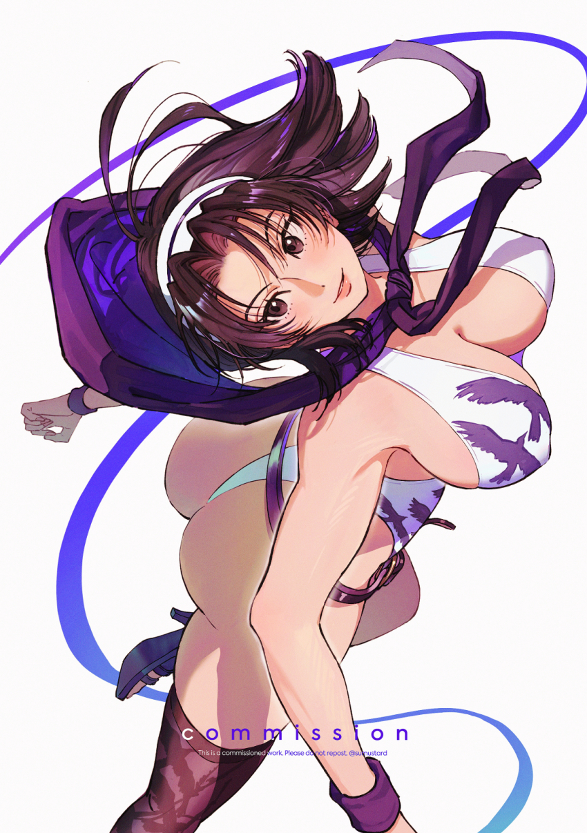 1girl animal_print artist_name ass belt bird_print black_hair breasts cleavage commentary commission english_commentary english_text from_above hairband high_heels highres hood kazama_jun large_breasts leotard official_alternate_costume short_hair simple_background single_thighhigh smile solo sumustard tekken tekken_tag_tournament_2 thighhighs white_background white_hairband white_leotard
