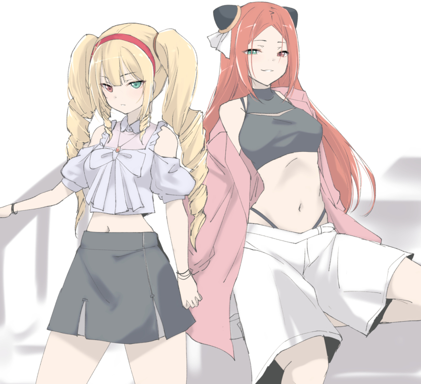 2girls arm_at_side assault_lily bare_shoulders black_panties black_shirt black_skirt blonde_hair bow bracelet breasts closed_mouth clothing_cutout collared_shirt commentary_request cowboy_shot crop_top drill_hair drill_sidelocks frilled_shirt frills green_eyes grey_bow grey_shirt grin hairband hairpods half-closed_eyes halterneck heterochromia highleg highleg_panties highres jacket jewelry komai_sumire leg_up long_hair long_sleeves looking_ahead looking_at_viewer medium_breasts midriff miniskirt multiple_girls navel necklace open_clothes open_jacket panties panty_straps parted_bangs parted_lips pendant pink_eyes pink_jacket puffy_short_sleeves puffy_sleeves railing red_hair red_hairband shiba_tomoshibi shirt shoes short_sleeves shorts shoulder_cutout sidelocks single_bare_shoulder skirt smile stairs standing standing_on_one_leg stomach twin_drills underwear urutsu_sahari very_long_hair white_background white_footwear white_shorts