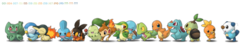 bulbasaur charmander chikorita chimchar cyndaquil ditb gen_1_pokemon gen_2_pokemon gen_3_pokemon gen_4_pokemon gen_5_pokemon highres mudkip nintendo no_humans oshawott piplup pokemon pokemon_(creature) snivy squirtle tepig torchic totodile treecko turtwig