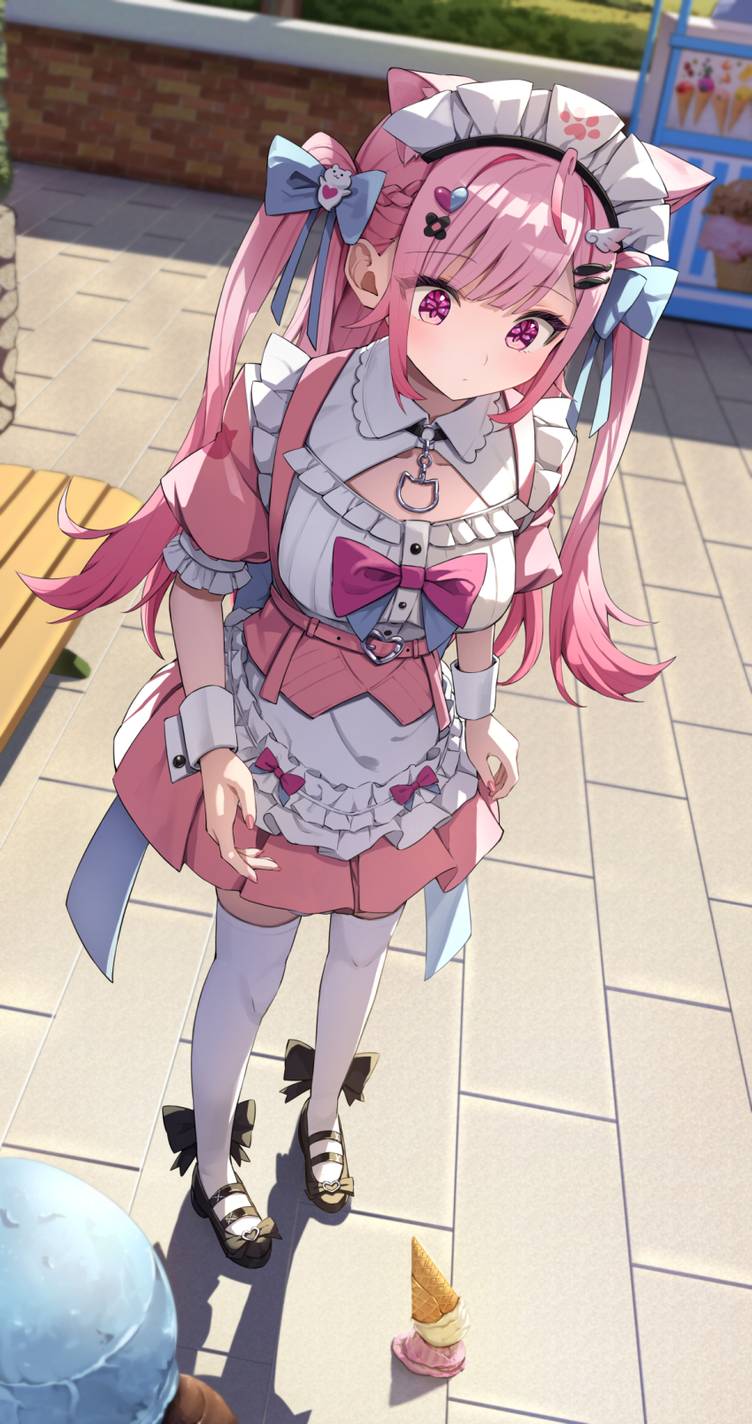 1girl ahoge animal_ears apron bandaid bandaid_hair_ornament black_shoes blue_bow blurry blurry_background bow cat_ears cat_girl chest_bow cleavage_cutout clothing_cutout commentary corset dress dropped_food expressionless fish_hair_ornament food footwear_bow frilled_dress frills ghost_hair_ornament hair_bow hair_ornament highres ice_cream indie_virtual_youtuber long_hair looking_down maid maid_apron maid_headdress outdoors pink_bow pink_corset pink_dress pink_hair pov purple_eyes shoes solo summer_tail720 thighhighs two_side_up underbust virtual_youtuber white_apron white_headdress white_thighhighs white_wrist_cuffs wing_hair_ornament wrist_cuffs yuuki_sakuna