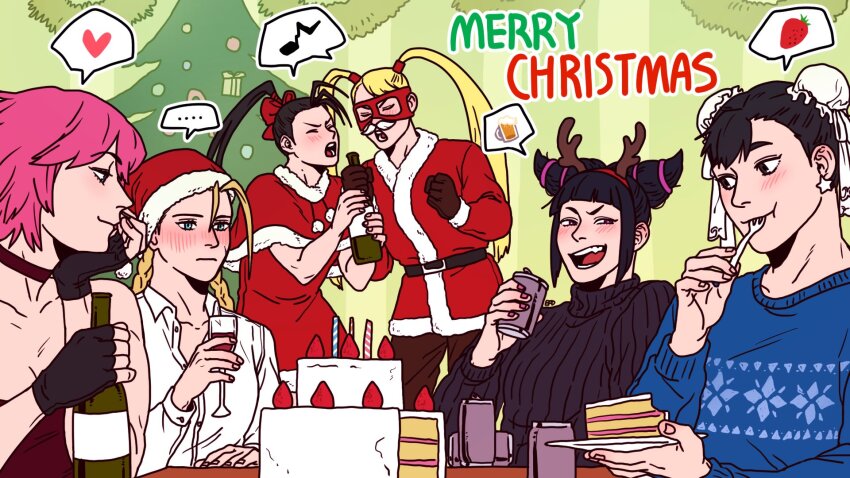 ... 6+girls alcohol alternate_costume antlers archived_source arm_up artist_name beer black_eyes black_gloves black_hair black_sweater blonde_hair blue_eyes blue_sweater blunt_bangs blush bottle braid breasts brown_gloves brown_pants cake cake_slice cammy_white capcom capelet christmas christmas_cake christmas_sweater christmas_tree christmas_wreath chun-li clenched_hand closed_eyes collar collarbone collared_shirt commentary cup decorations double_bun drill_hair drunk earrings eating efd english_commentary fake_antlers fake_facial_hair fake_mustache final_fight fingerless_gloves food fork fruit fur-trimmed_capelet fur_trim furrowed_brow gift gloves green_background hair_bun hair_ornament han_juri hand_on_own_chin hat head_rest heart highres holding holding_bottle holding_cup holding_fork holding_plate horns ibuki_(street_fighter) jewelry looking_at_food looking_to_the_side merry_christmas multiple_expressions multiple_girls music musical_note open_mouth pants partially_unbuttoned pink_hair pink_nails plate poison_(final_fight) ponytail purple_eyes rainbow_mika red_capelet red_mask reindeer_antlers santa_costume santa_hat scar scar_on_face shirt short_hair singing sleeveless smile speech_bubble spoken_heart star_(symbol) star_earrings strawberry street_fighter sweater tank_top turtleneck twin_drills twintails utensil_in_mouth wine wreath wrestling_mask