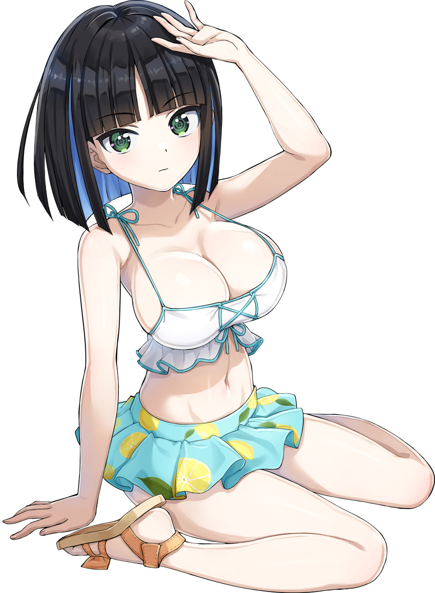 1girl absurdres bikini black_hair blue_hair breasts cleavage dolphin_wave eines_(dolphin_wave) fruit_print green_eyes highres lemon_print midriff multicolored_hair navel official_art ootomo_takuji pale_skin sandals skirtini solo swimsuit transparent_background