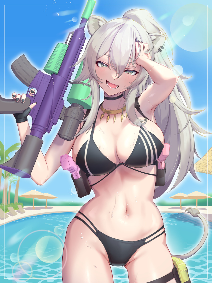 1girl animal_ears arm_up armpits bikini black_bikini black_choker blush breasts choker cleavage ear_piercing grey_eyes grey_hair halterneck hand_on_own_head hareteruya highres holding holding_water_gun hololive holster jewelry large_breasts lion_ears lion_girl lion_tail long_hair looking_at_viewer navel necklace open_mouth outdoors piercing ponytail shishiro_botan smile solo string_bikini swimsuit tail thigh_holster virtual_youtuber water_gun