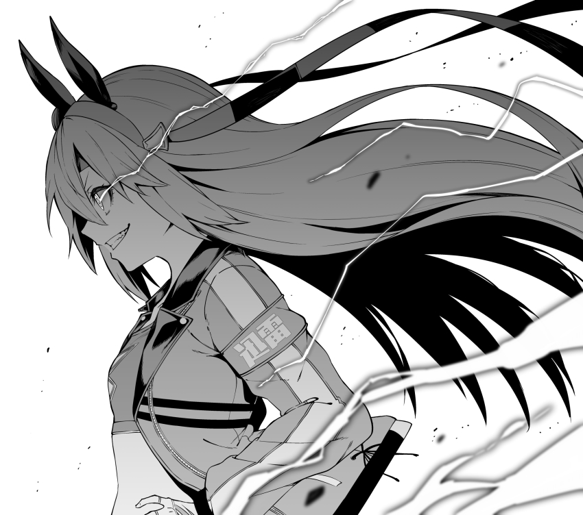 1girl animal_ears armband electricity fingerless_gloves gloves glowing glowing_eyes greyscale grin hand_on_own_hip highres horse_ears jacket long_hair midriff monochrome smile solo tamamo_cross_(umamusume) tsukamoto_minori umamusume