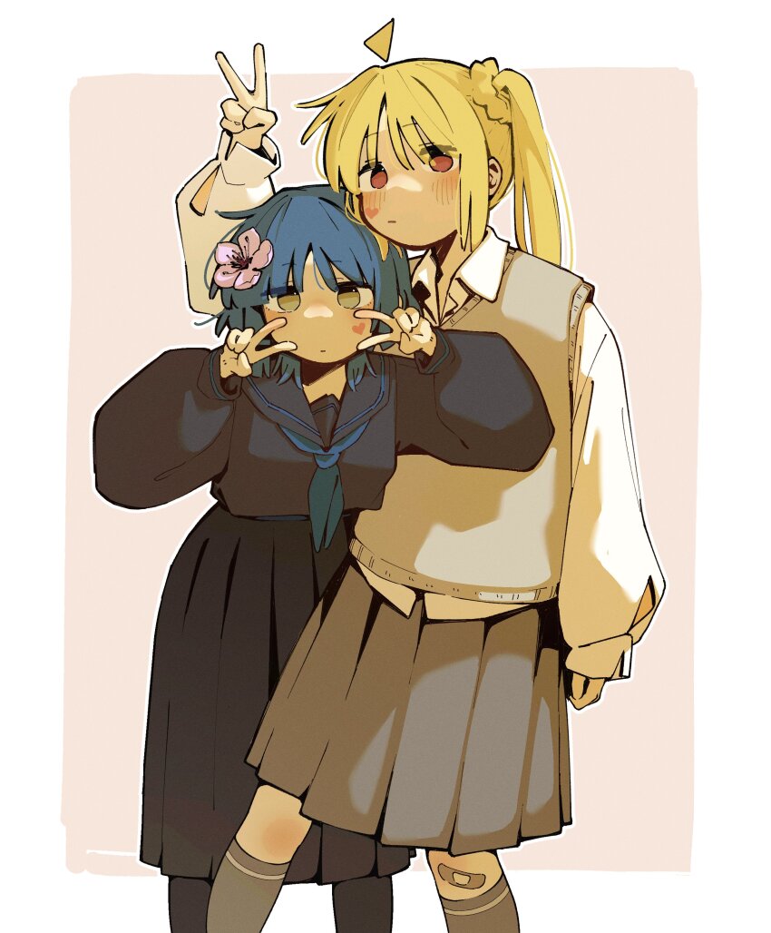 2girls absurdres ahoge bandaid bandaid_on_knee bandaid_on_leg black_sailor_collar black_serafuku black_shirt black_skirt blue_hair blue_neckerchief blue_stripes blush bocchi_the_rock! detached_ahoge double_v flower grey_socks grey_vest hair_flower hair_ornament highres ijichi_nijika long_hair long_skirt looking_at_viewer machuuu68 medium_hair multiple_girls neckerchief pleated_skirt red_eyes sailor_collar school_uniform serafuku shirt side_ponytail skirt socks v vest white_shirt white_stripes yamada_ryo yellow_eyes yuri