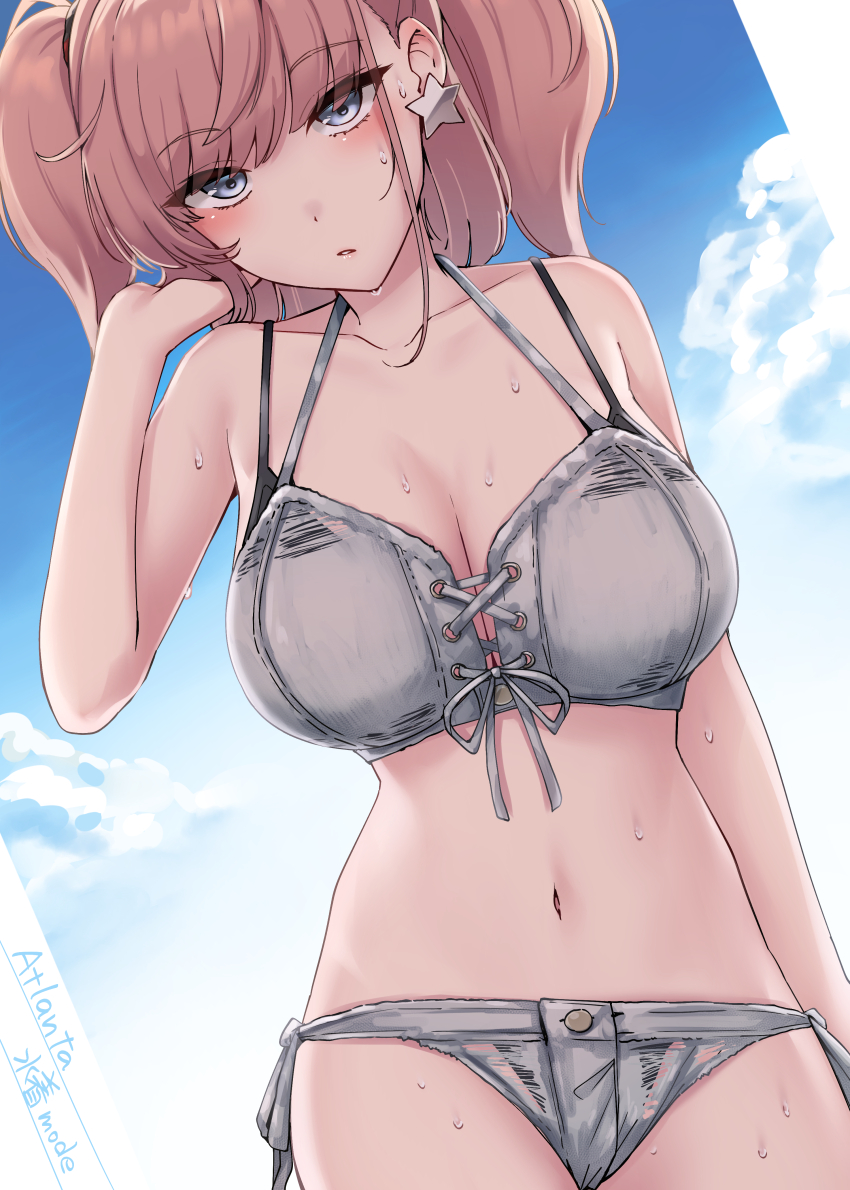 1girl absurdres anchor_hair_ornament atlanta_(kancolle) atlanta_(swimsuit)_(kancolle) bikini blue_sky blush breasts brown_hair cloud cloudy_sky collarbone commentary_request cowboy_shot earrings grey_bikini grey_eyes hair_ornament highres jewelry kantai_collection kiritto large_breasts long_hair looking_at_viewer navel sky star_(symbol) star_earrings stomach swimsuit two_side_up