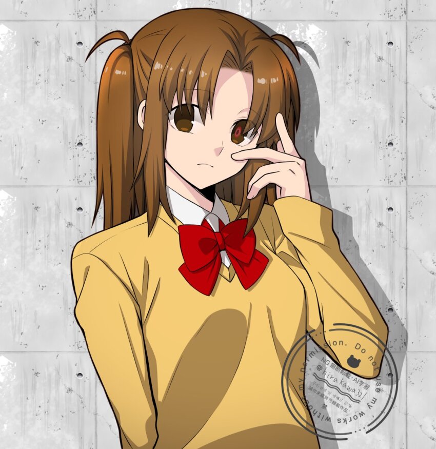 1girl brown_eyes brown_hair highres hirakawa long_hair shadow shirt solo sweater tsukihime tsukihime_(remake) twintails upper_body watermark white_shirt yellow_sweater yumizuka_satsuki