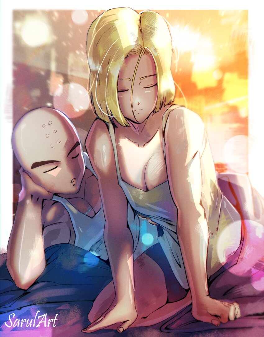 1boy 1girl absurdres android_18 bald bald_male blonde_pubic_hair breasts cleavage closed_eyes couple dragon_ball highres husband_and_wife kuririn morning muscular muscular_male sarulart