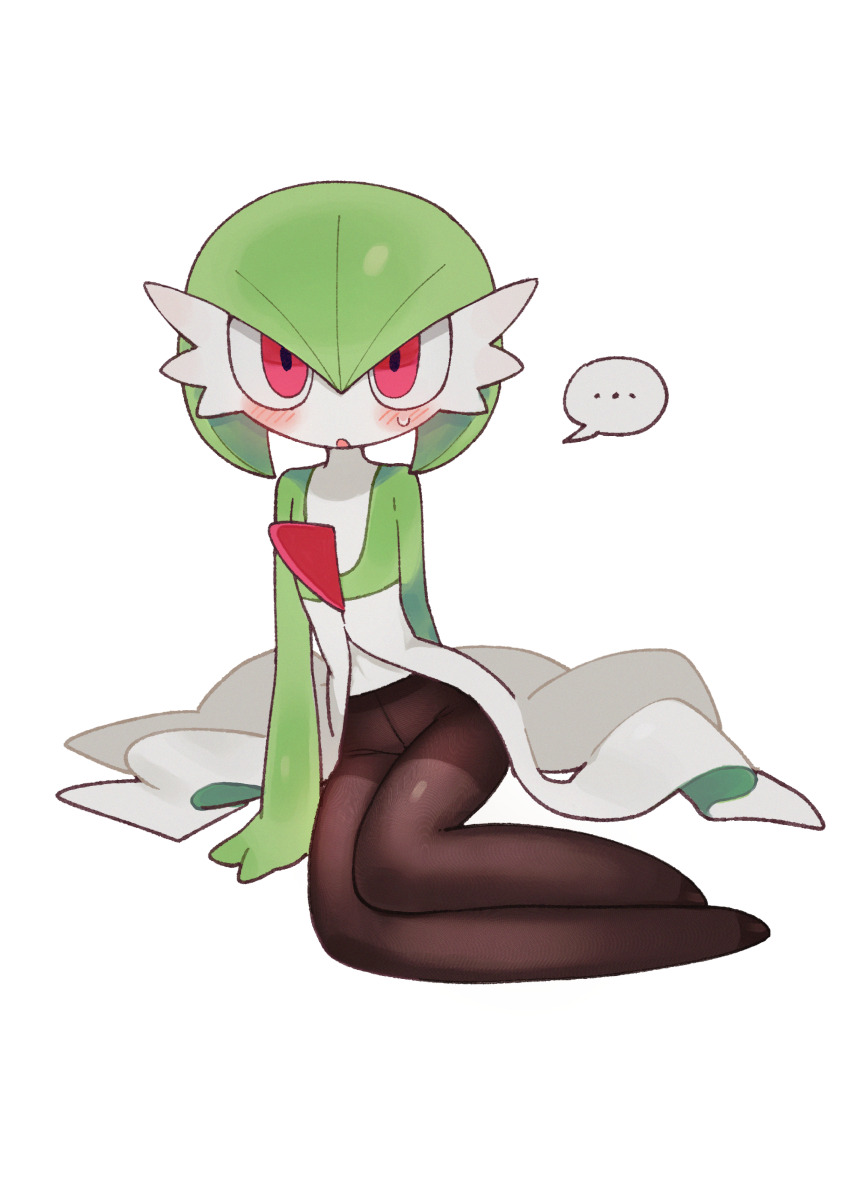... 1girl :o absurdres arm_behind_back batrobin_k black_pantyhose blush bob_cut clothed_pokemon colored_skin crotch_seam female_focus flat_chest full_body gardevoir gen_3_pokemon green_hair green_skin hair_between_eyes highres legs legs_together looking_at_viewer multicolored_skin nintendo no_feet open_mouth pantyhose pokemon pokemon_(creature) red_eyes short_hair simple_background sitting solo speech_bubble spoken_ellipsis sweat two-tone_skin white_background white_skin yokozuwari