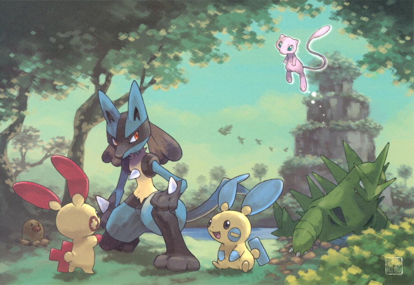 absurdres bird blue_eyes blue_sky closed_mouth day diglett floating from_behind gen_1_pokemon gen_2_pokemon gen_3_pokemon gen_4_pokemon grass hand_on_own_knee highres legendary_pokemon lucario mew_(pokemon) minun mythical_pokemon nintendo official_art on_one_knee open_mouth outdoors plusle pokemon pokemon_(creature) red_eyes sitting sky spikes standing sugimori_ken third-party_source tree tyranitar v-shaped_eyes