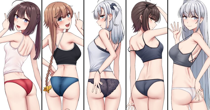 absurdres ahoge akizuki_(kancolle) ass back black_bra black_camisole black_hair black_panties blue_eyes blue_panties bra braid breasts brown_eyes brown_hair camisole commentary_request from_behind fuyutsuki_(kancolle) grey_bra grey_eyes grey_hair hair_ornament hatsuzuki_(kancolle) highres index_finger_raised kantai_collection kiritto long_hair looking_at_viewer looking_back medium_breasts one_side_up open_mouth panties ponytail propeller_hair_ornament red_panties short_hair simple_background smile spaghetti_strap suzutsuki_(kancolle) teeth teruzuki_(kancolle) twin_braids underwear underwear_only upper_teeth_only very_long_hair w waving white_background white_camisole white_panties