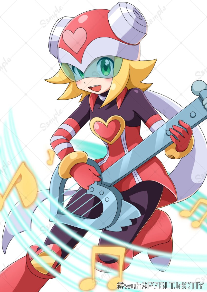 1girl :d assault_visor black_bodysuit blonde_hair bodysuit dress green_eyes guitar harp_note_(mega_man) helmet highres holding holding_guitar holding_instrument instrument looking_at_viewer mega_man_(series) mega_man_star_force_(series) musical_note open_mouth red_dress red_helmet short_hair smile solo sonia_strumm_(mega_man) teeth twitter_username upper_teeth_only wuh9p7bltjdctiy