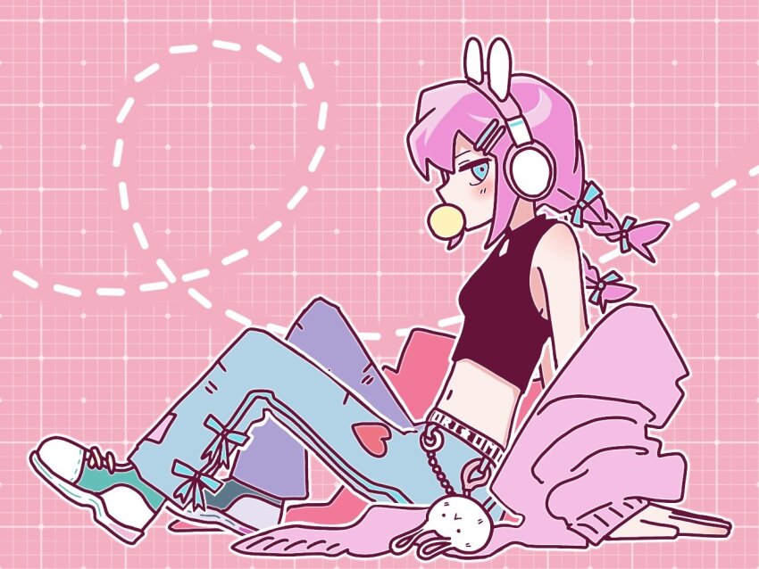 1girl animal_ear_headphones animal_ears arm_support aubrey_(birthday)_(omori) aubrey_(faraway)_(omori) aubrey_(omori) blowing_bubble_gum blue_bow blue_eyes blue_pants blue_shoes blush bow braid cardigan character_charm charm_(object) chewing_gum crop_top denim fake_animal_ears forest_bunny?_(omori) full_body hair_bow hair_ornament hairclip headphones jeans long_hair long_sleeves low_twin_braids navel omori open_cardigan open_clothes pants parallel_hairclips pink_cardigan pink_hair pyoppyop_omori rabbit_ear_headphones rabbit_ears shoes sitting sneakers solo twin_braids