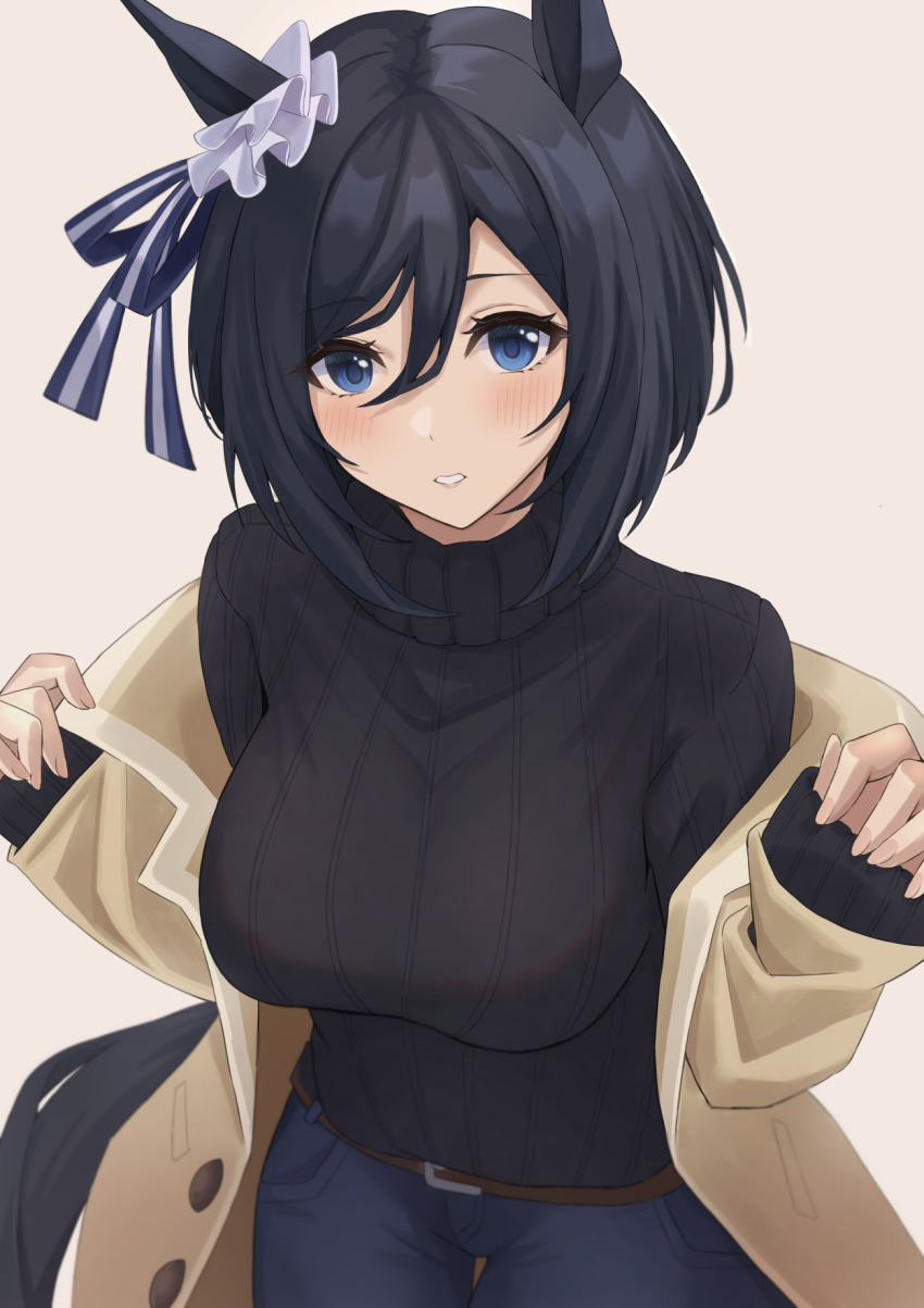 1girl animal_ears beige_coat beige_jacket belt black_hair black_sweater blue_eyes blush breasts brown_belt coat commentary_request denim ear_ornament eishin_flash_(umamusume) grey_background hair_between_eyes hair_ornament hair_ribbon hair_scrunchie highres horse_ears horse_girl jacket jeans large_breasts long_sleeves looking_at_viewer off_shoulder pants parted_lips ribbon scrunchie short_hair simple_background sitting solo sweater tepechi thigh_gap thighs turtleneck turtleneck_sweater umamusume