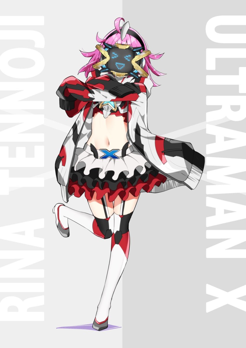 &gt;_&lt; 1girl :d ahoge belt belt_buckle breasts buckle character_name color_timer commentary cosplay english_text full_body garter_straps highres jacket long_sleeves love_live! love_live!_nijigasaki_high_school_idol_club mask medium_hair midriff multicolored_footwear multicolored_legwear navel open_mouth pink_hair sasanon_(sasapoliton) sleeves_past_wrists small_breasts smile solo standing tennoji_rina thighhighs ultra_series ultraman_x ultraman_x_(cosplay) ultraman_x_(series) x_devizer xd