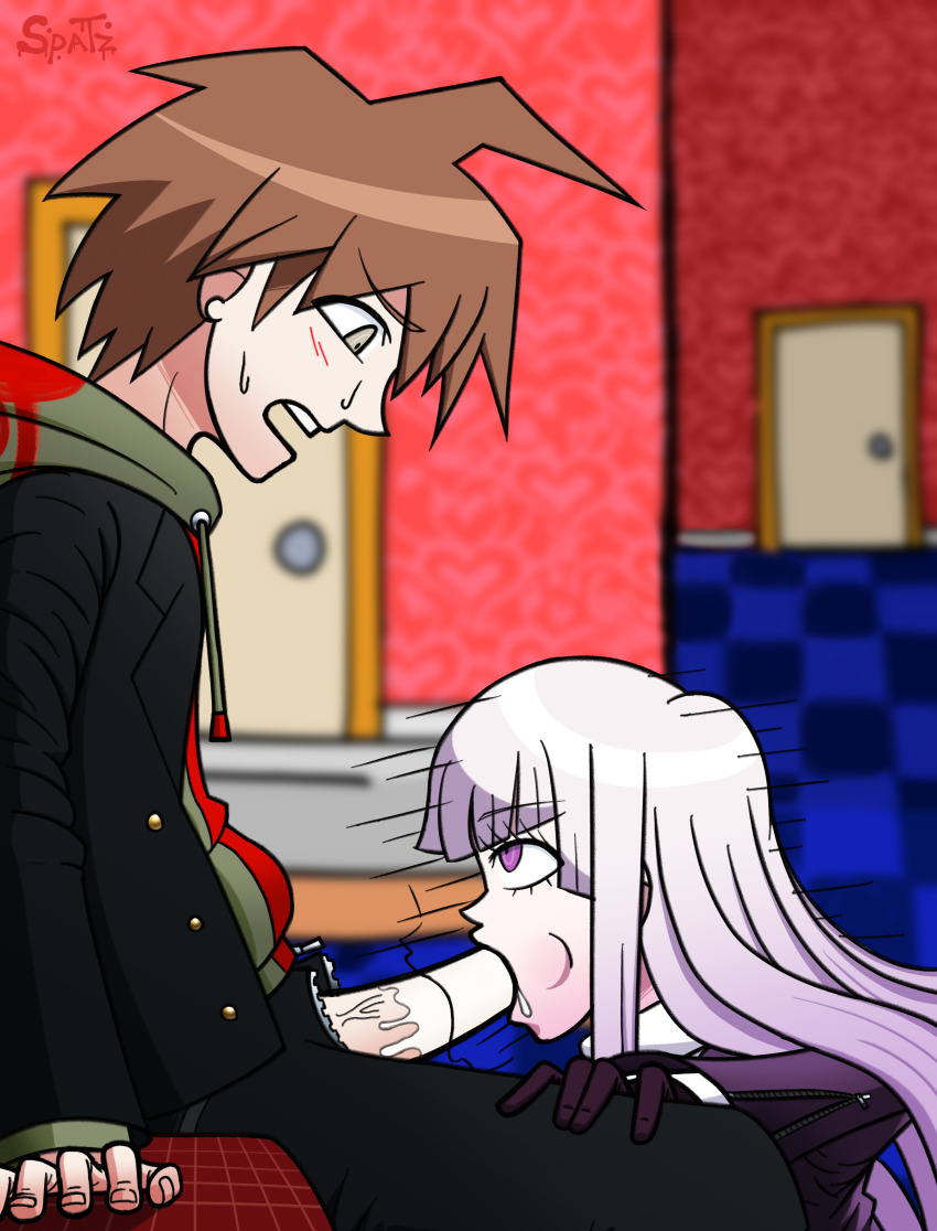 1boy 1girl absurdres ahoge danganronpa:_trigger_happy_havoc danganronpa_(series) fellatio hetero highres kirigiri_kyoko motion_lines naegi_makoto oral saliva saliva_trail sinnerspatz straight_hair white_hair