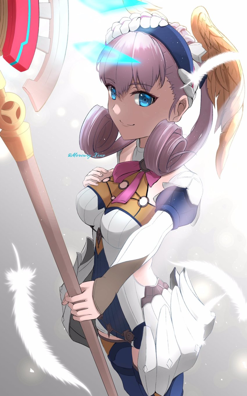 1girl blue_eyes blush braid breasts crown_braid curly_hair gloves head_wings highres juliet_sleeves long_hair long_sleeves looking_at_viewer medium_breasts melia_antiqua mercury_xeno o-ring puffy_sleeves silver_hair simple_background solo staff undefined upper_body wings xenoblade_chronicles:_future_connected xenoblade_chronicles_(series) xenoblade_chronicles_1