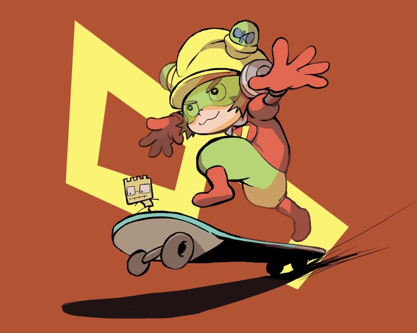 1boy 9-volt :3 boots brown_hair fronk gloves goggles helmet mario_(series) nintendo red_background rinabe_(@rfufvas3phbxkxa) skateboard smile warioware