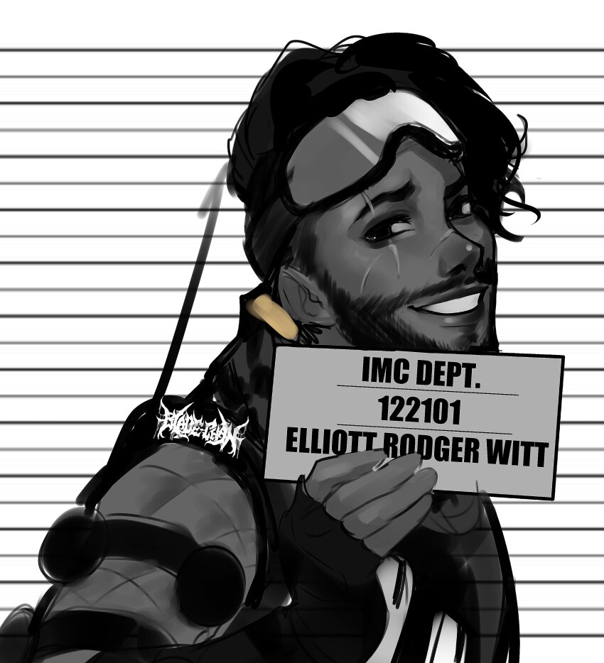 1boy absurdres apex_legends barbie_(franchise) barbie_(live_action) barbie_mugshot_(meme) bodysuit character_name facial_hair gloves goatee goggles goggles_on_head hair_behind_ear highres holding holding_sign looking_at_viewer male_focus meme mirage_(apex_legends) mugshot nsfwolf parted_lips radio_antenna scar scar_across_eye scar_on_face scar_on_nose sign smile solo spot_color