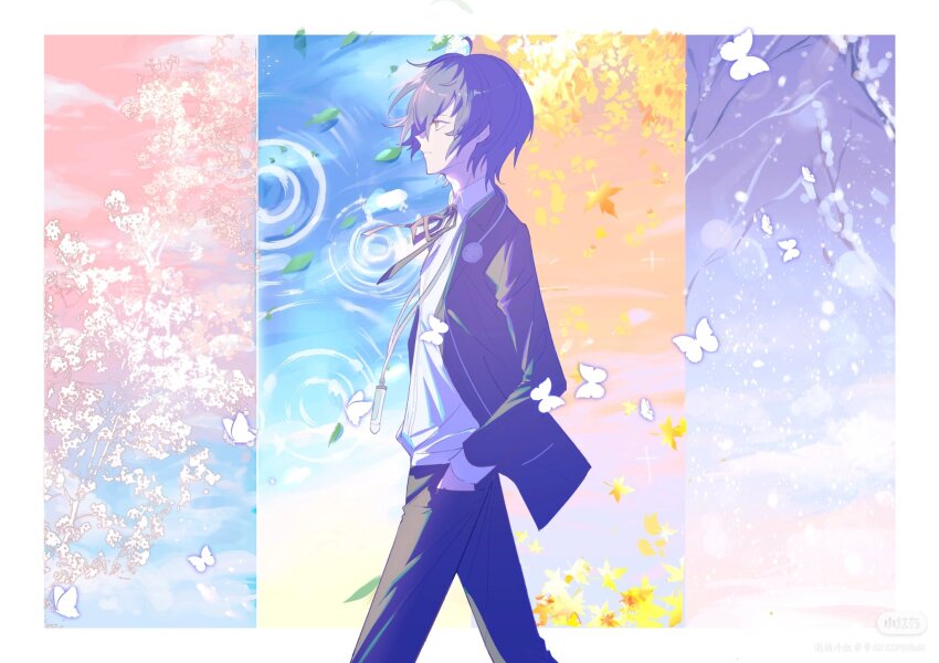 1boy autumn black_jacket black_pants black_ribbon blue_eyes blue_hair blue_sky border bug butterfly cherry_blossoms closed_mouth collared_shirt commentary cowboy_shot digital_media_player from_side gekkoukan_high_school_uniform hand_in_pocket headphones headphones_around_neck highres insect jacket leaf male_focus maple_leaf neck_ribbon ninaki999 open_clothes open_jacket outside_border pants persona persona_3 persona_3_reload ribbon school_uniform seasons shirt short_hair sky snow snowing solo spring_(season) summer walking water white_border white_shirt winter yuuki_makoto_(persona_3)